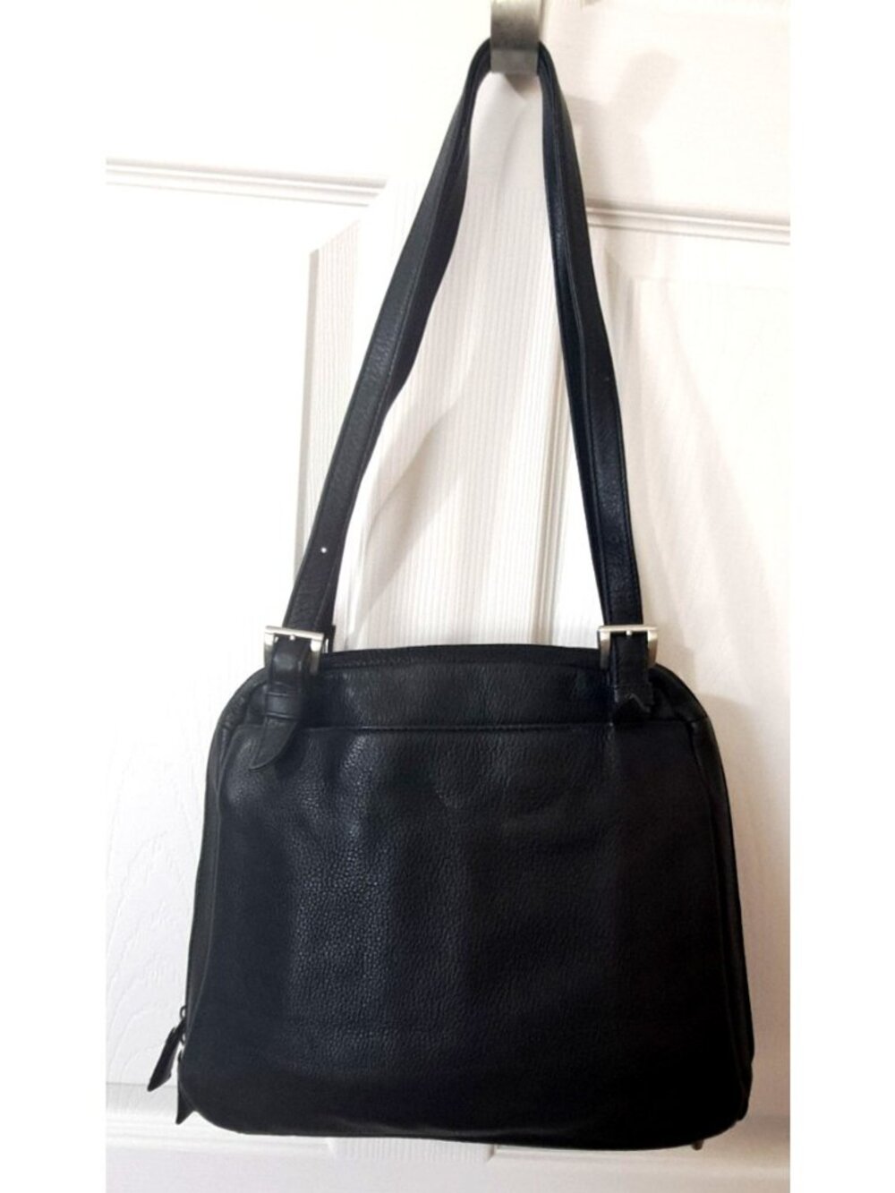 Tignanello Pebbled Black Leather 3-Side Zipper Adjustable Straps